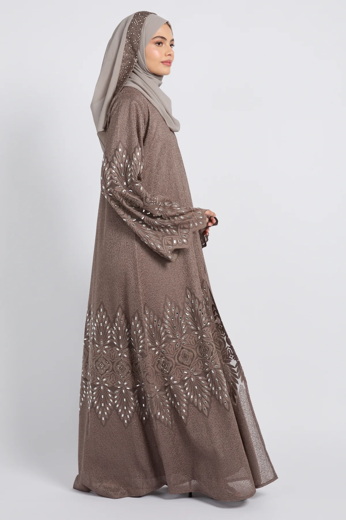 Premium Regal Mosaic Open Abaya - Mocha Taupe - LIMITED EDITION - Image 4