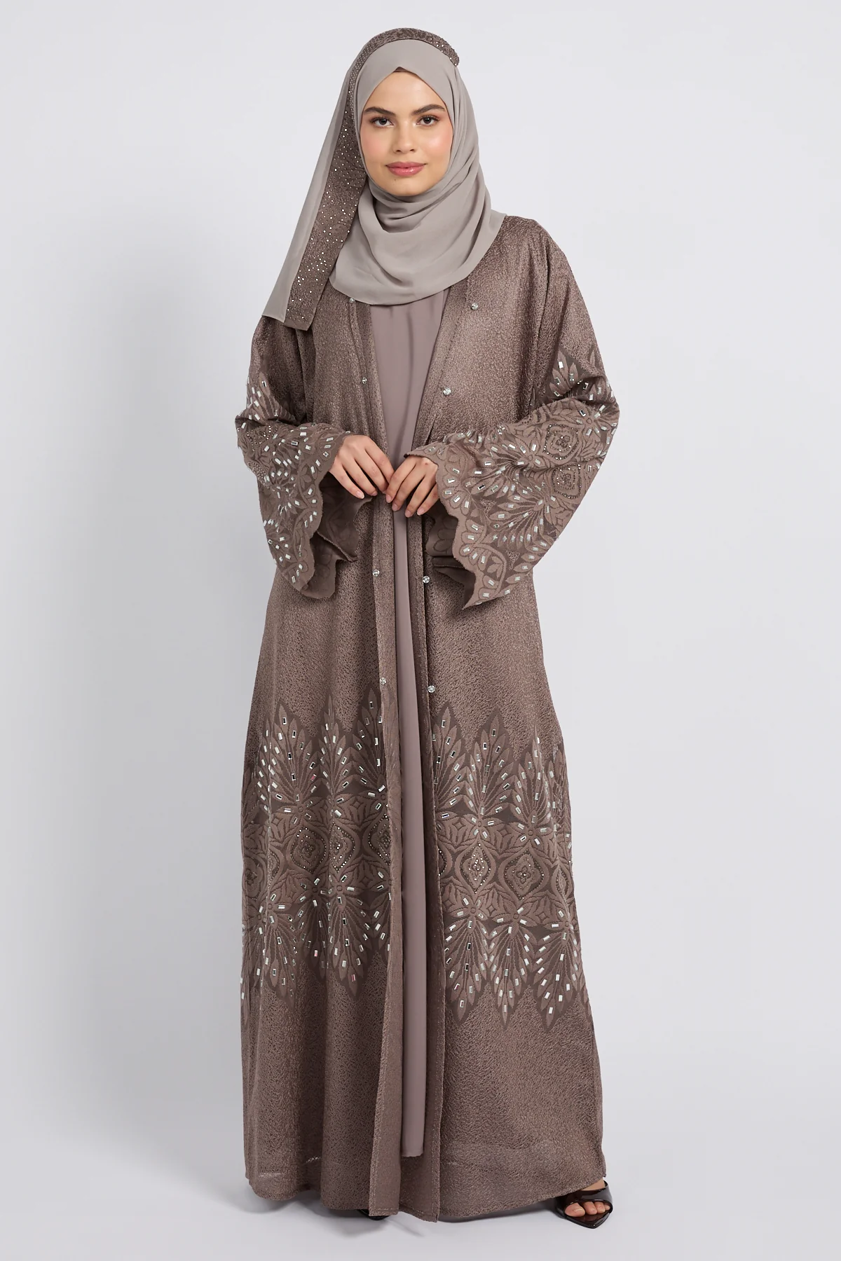 Premium Regal Mosaic Open Abaya - Mocha Taupe - LIMITED EDITION - Image 6