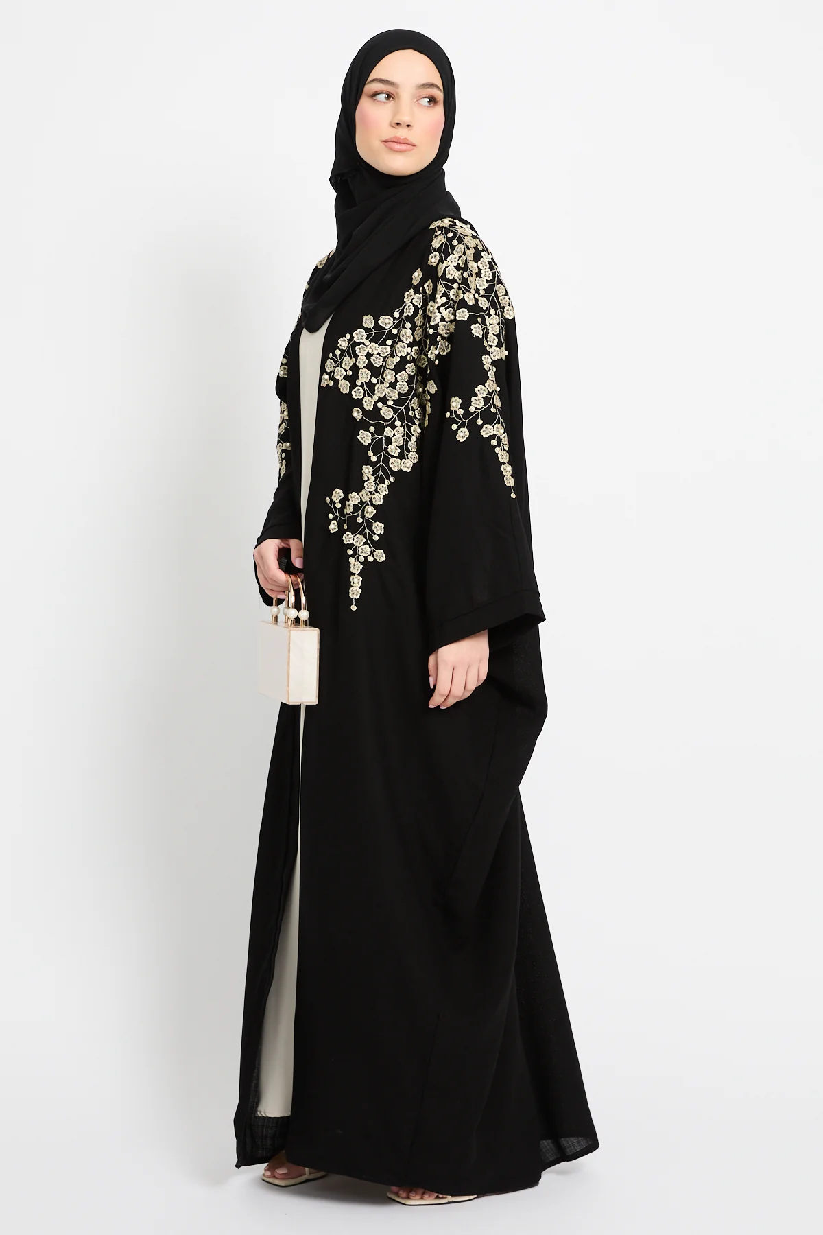 Premium Regalia Bloom Embroidered Black Open Abaya