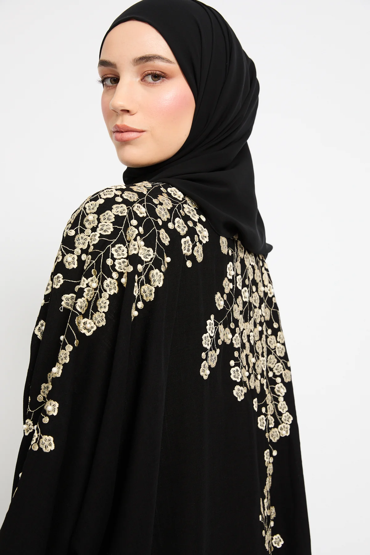 Premium Regalia Bloom Embroidered Black Open Abaya - Image 2