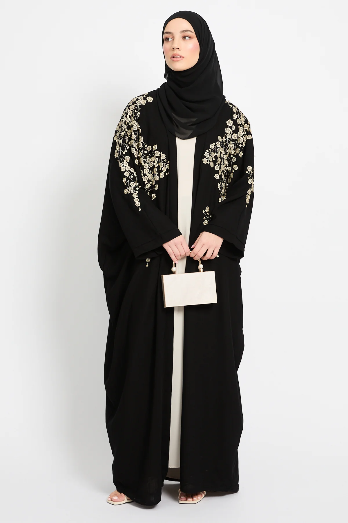 Premium Regalia Bloom Embroidered Black Open Abaya - Image 3