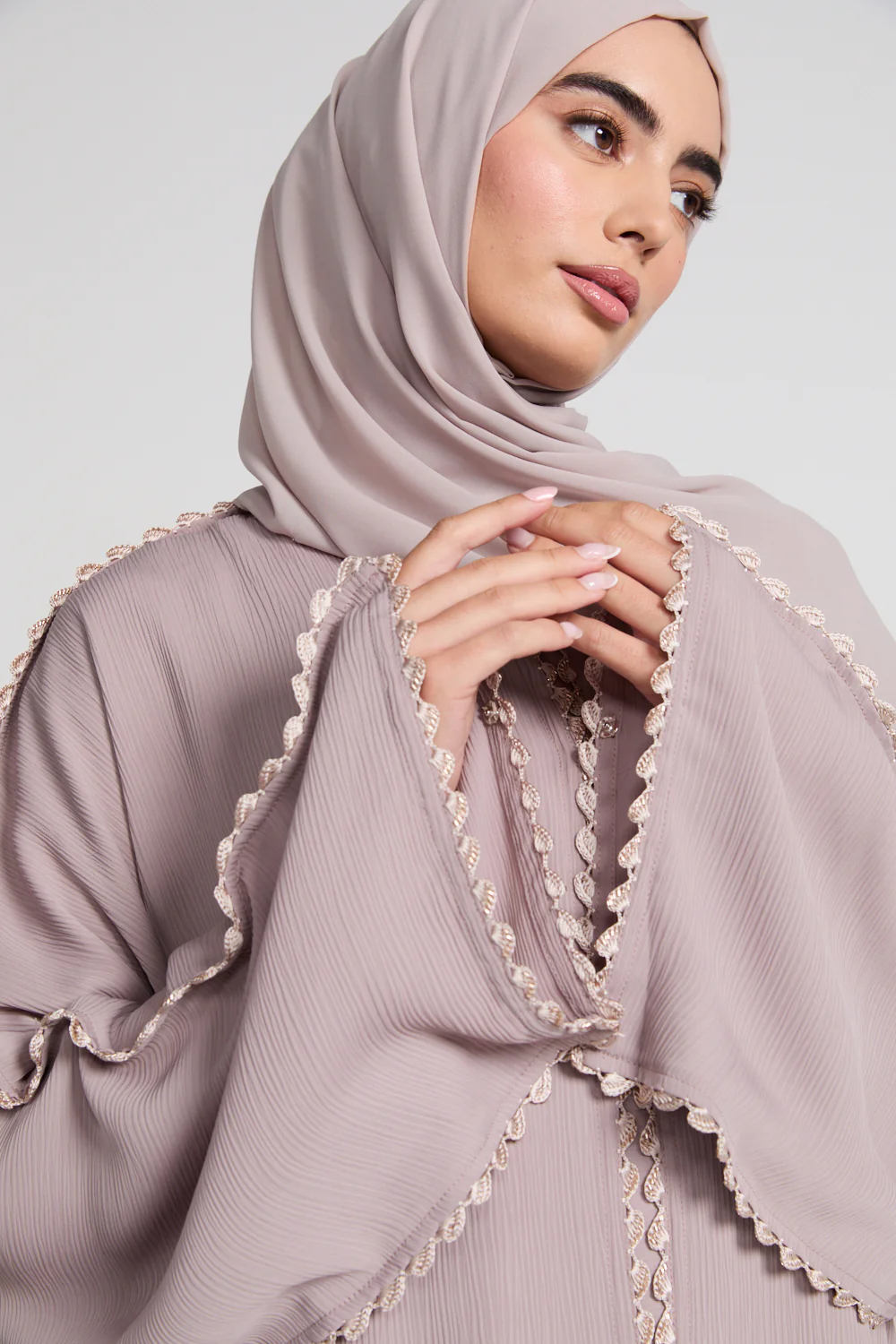 Premium Rose Dusk Crochet Detailed Open Abaya - Image 2