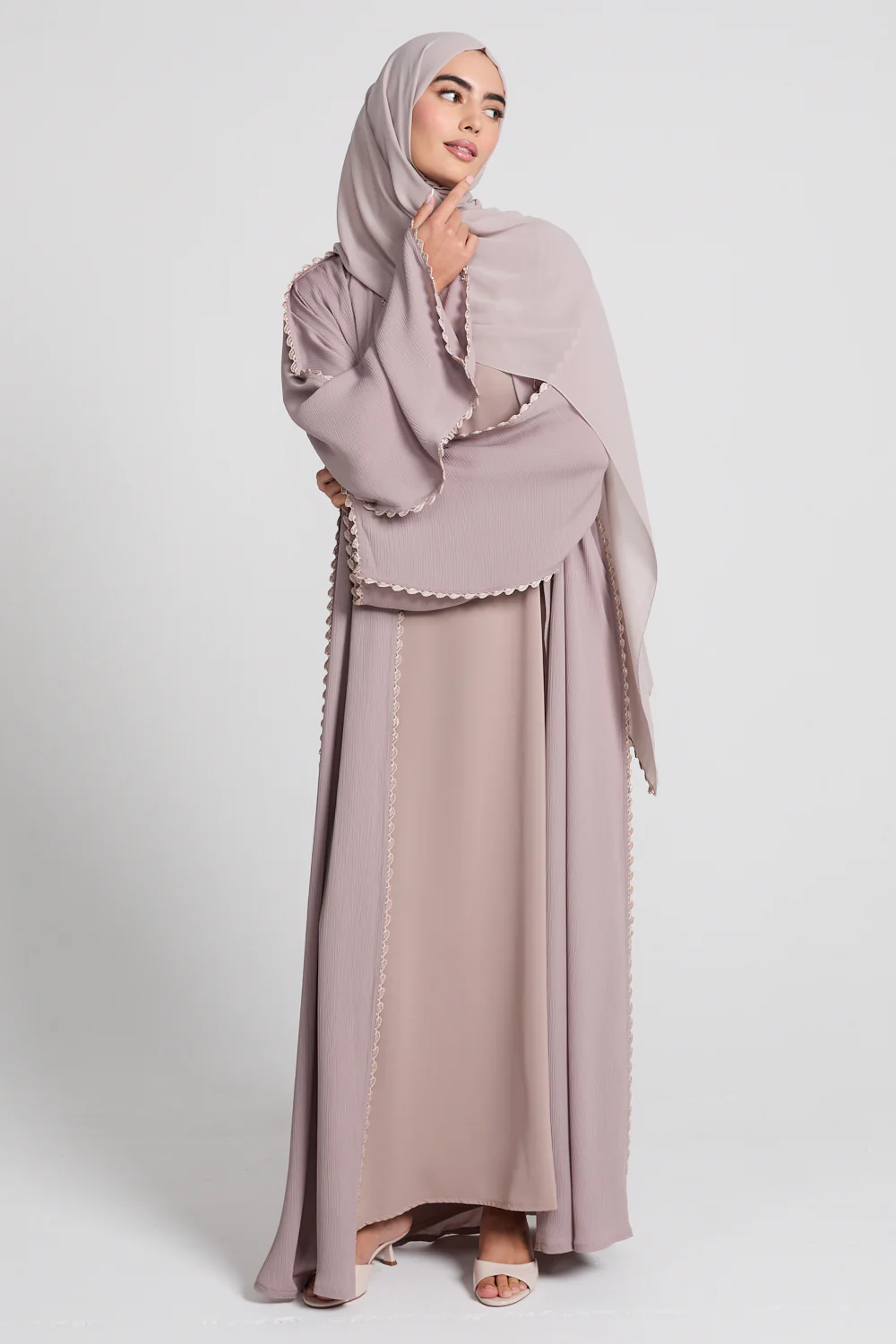 Premium Rose Dusk Crochet Detailed Open Abaya - Image 3