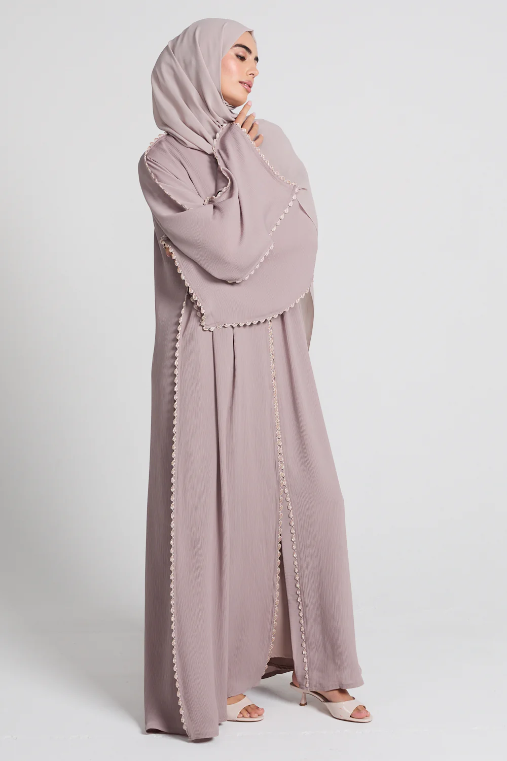 Premium Rose Dusk Crochet Detailed Open Abaya - Image 7