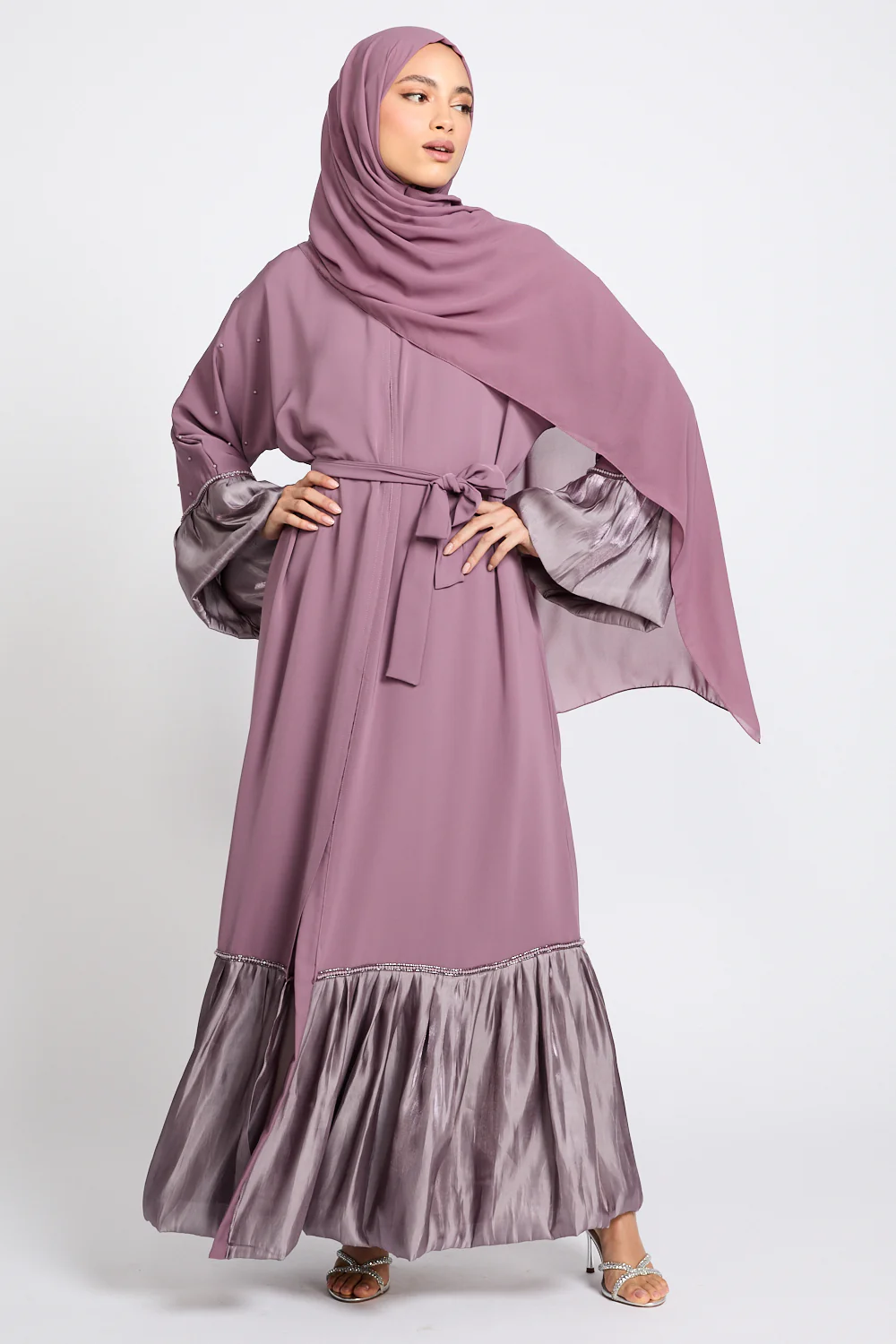 Premium Roselle Charm Open Abaya - Mauve Rose - Image 10