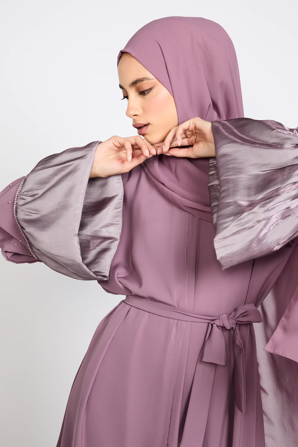 Premium Roselle Charm Open Abaya - Mauve Rose - Image 2