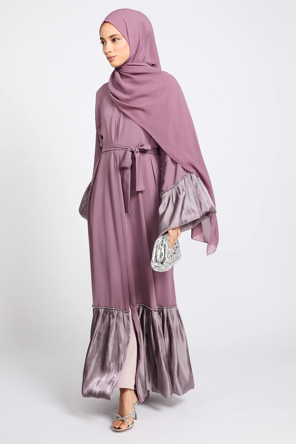 Premium Roselle Charm Open Abaya - Mauve Rose - Image 3