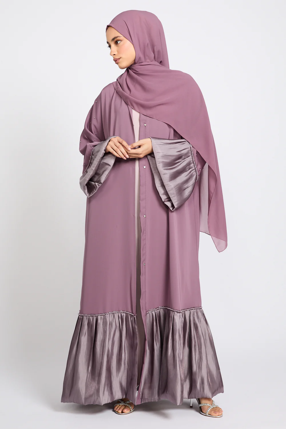Premium Roselle Charm Open Abaya - Mauve Rose - Image 4