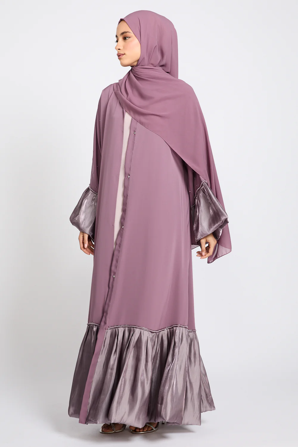 Premium Roselle Charm Open Abaya - Mauve Rose - Image 5