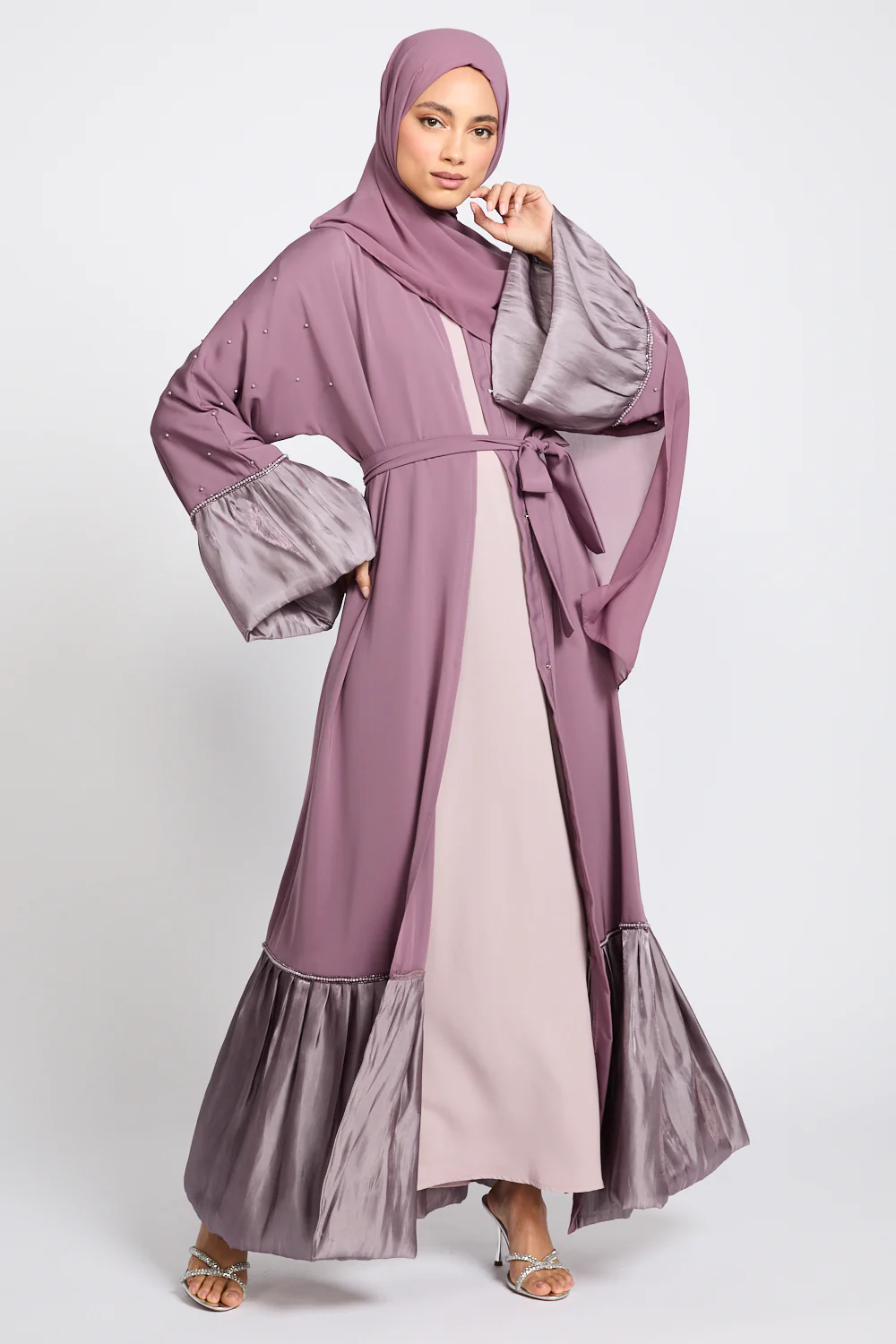 Premium Roselle Charm Open Abaya - Mauve Rose - Image 6