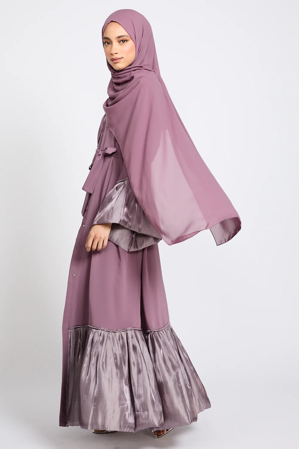 Premium Roselle Charm Open Abaya - Mauve Rose - Image 7