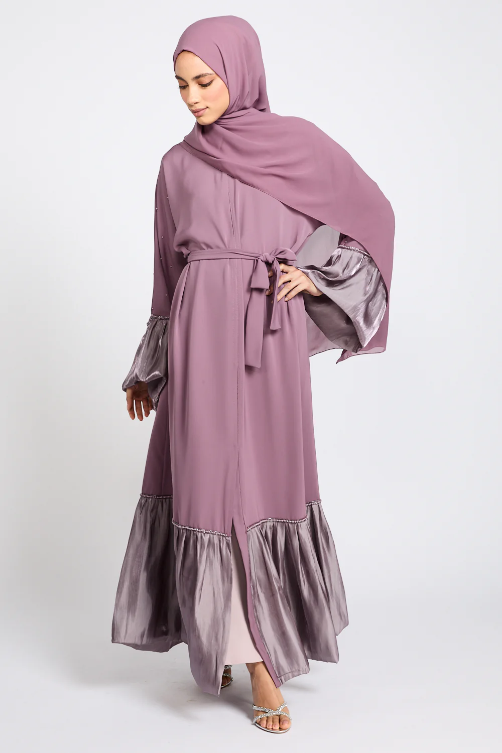 Premium Roselle Charm Open Abaya - Mauve Rose - Image 9