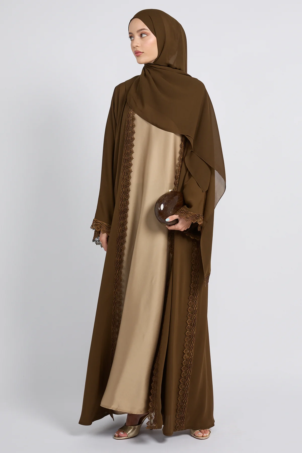 Premium Rosette Lace Open Abaya – Bronzed Coffee - Limited Edition