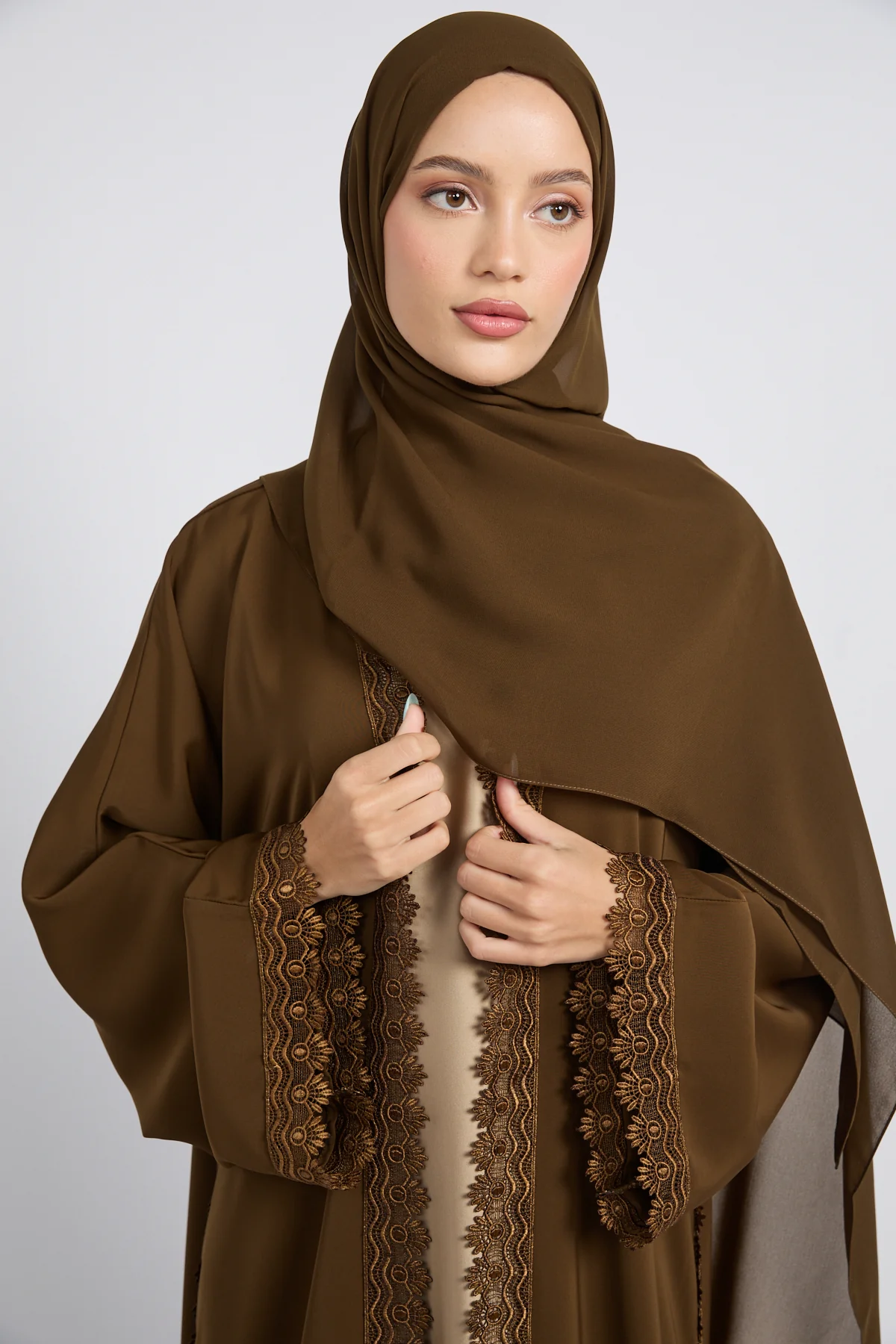Premium Rosette Lace Open Abaya – Bronzed Coffee - Limited Edition - Image 2