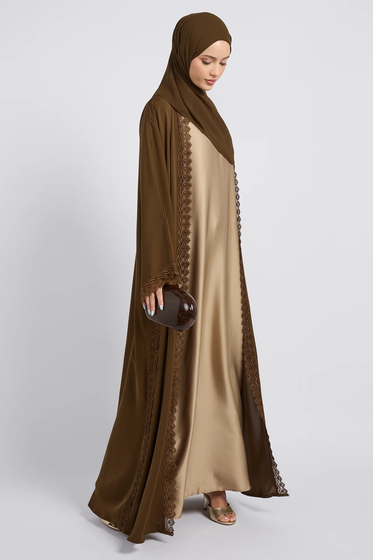 Premium Rosette Lace Open Abaya – Bronzed Coffee - Limited Edition - Image 3
