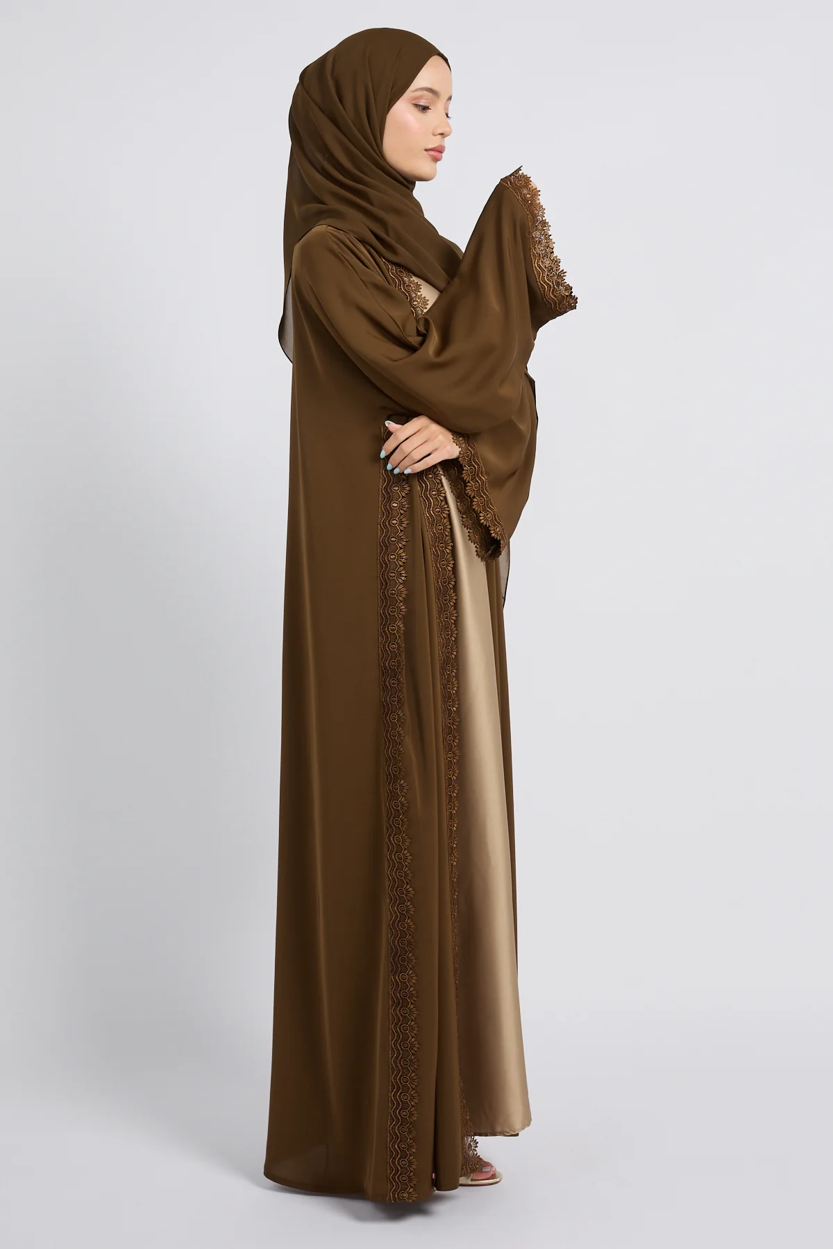 Premium Rosette Lace Open Abaya – Bronzed Coffee - Limited Edition - Image 4