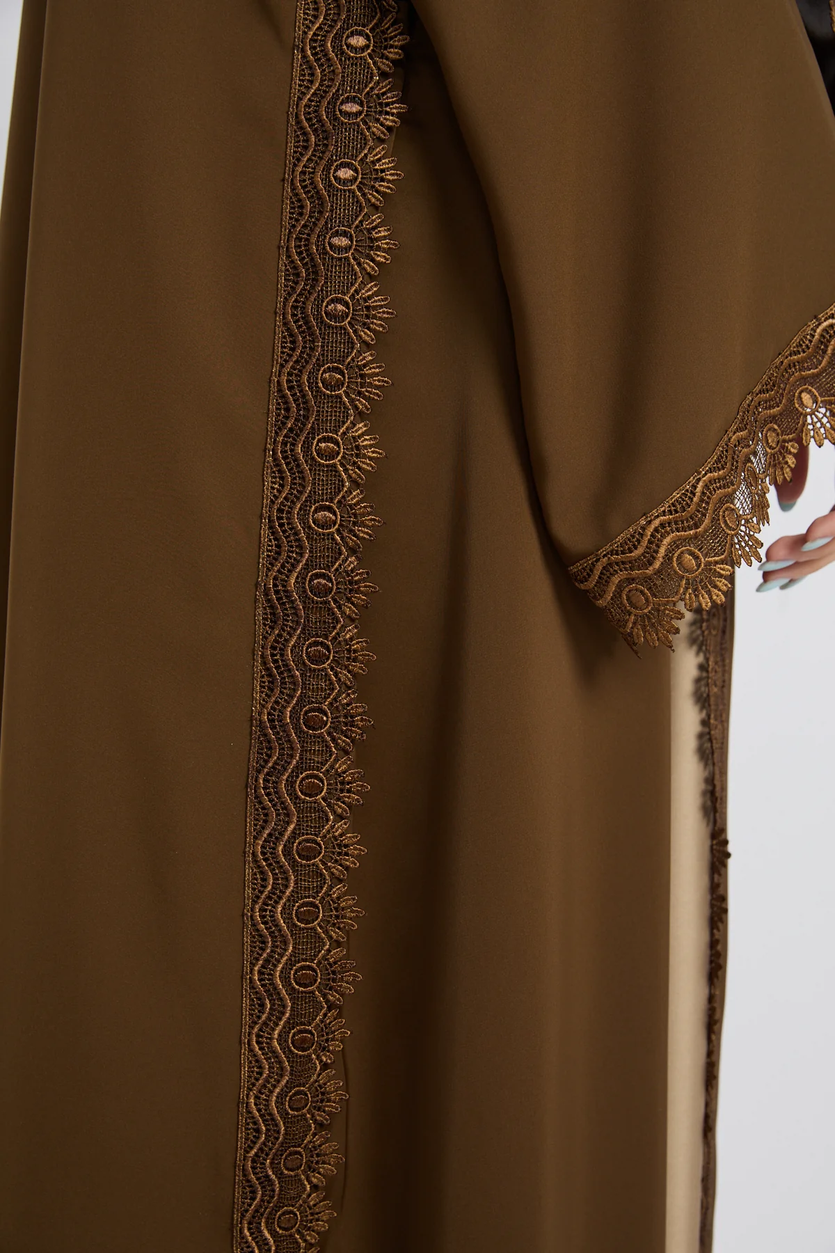 Premium Rosette Lace Open Abaya – Bronzed Coffee - Limited Edition - Image 5