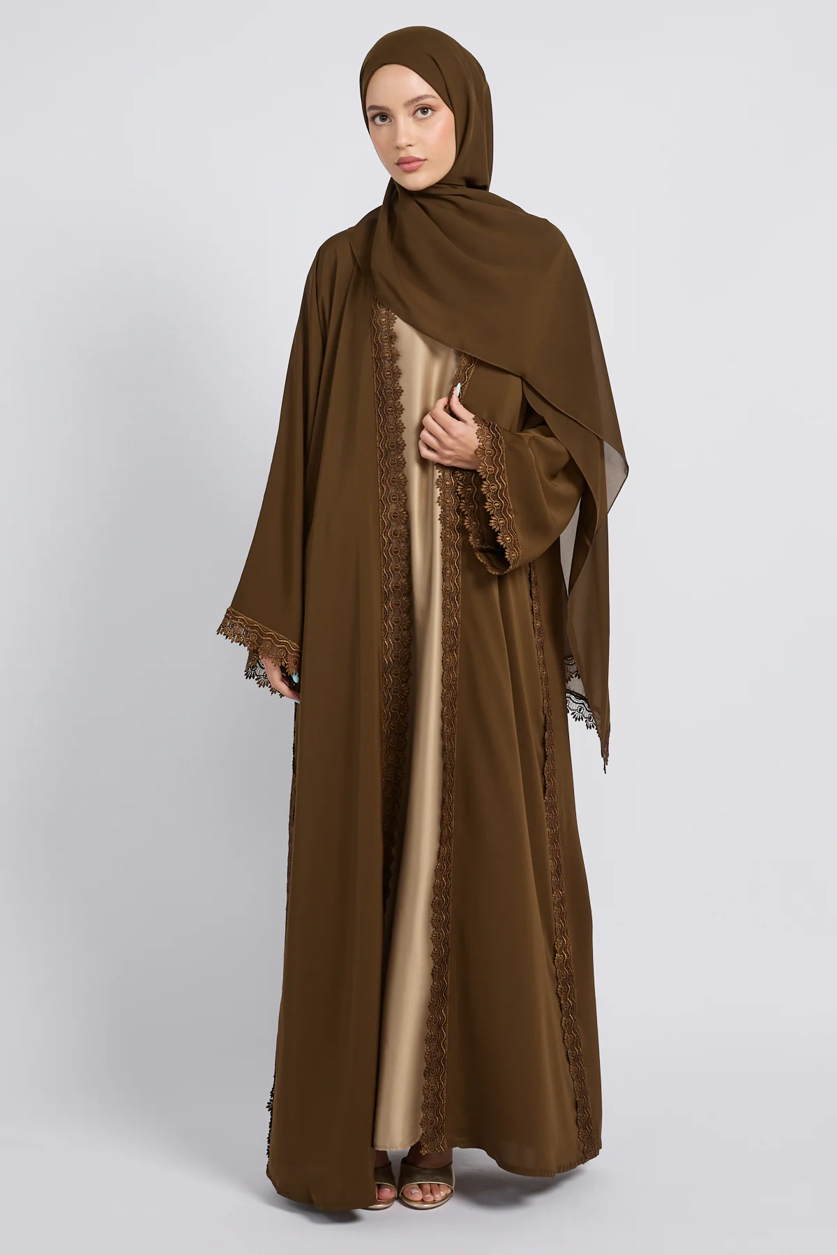 Premium Rosette Lace Open Abaya – Bronzed Coffee - Limited Edition - Image 6