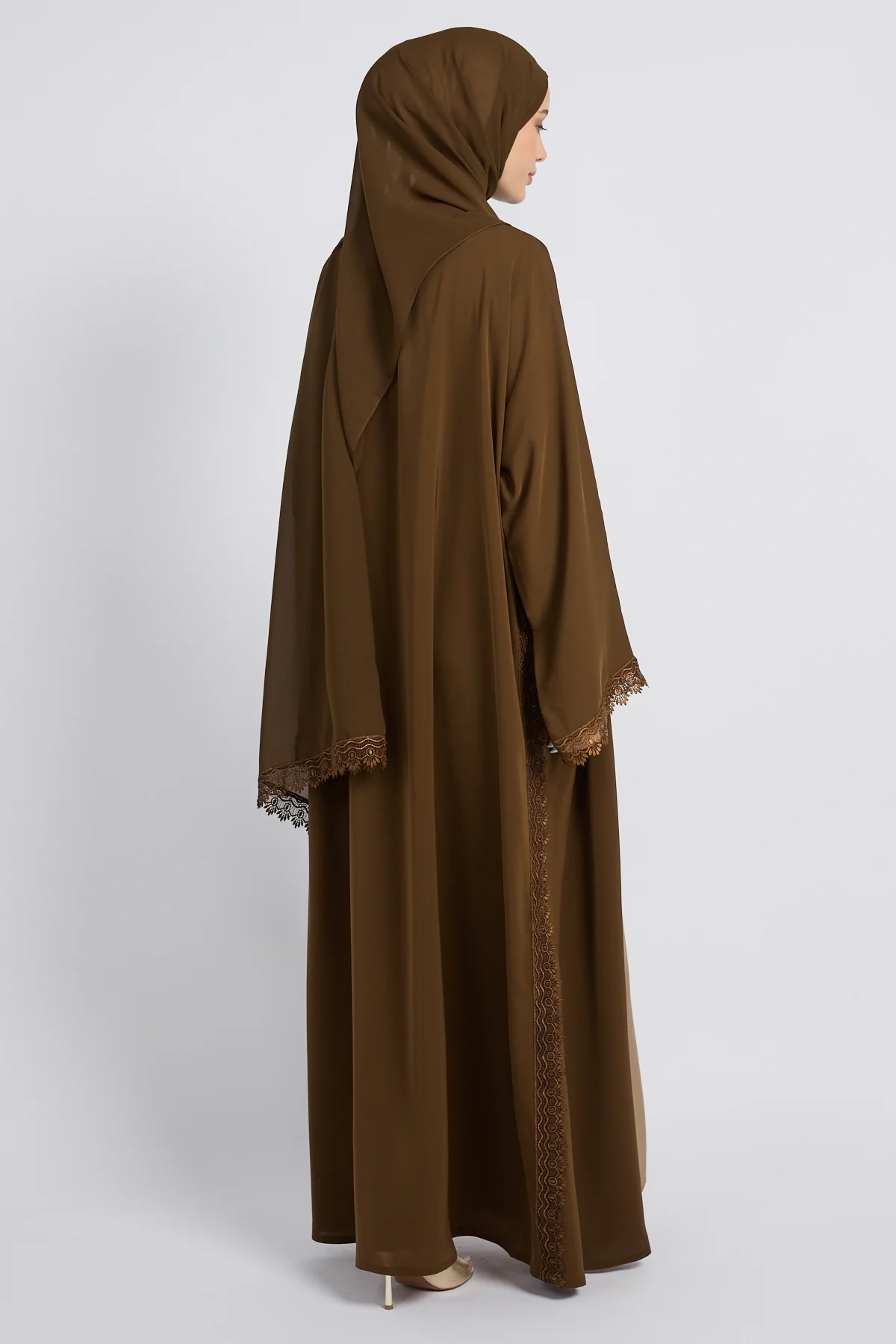 Premium Rosette Lace Open Abaya – Bronzed Coffee - Limited Edition - Image 7