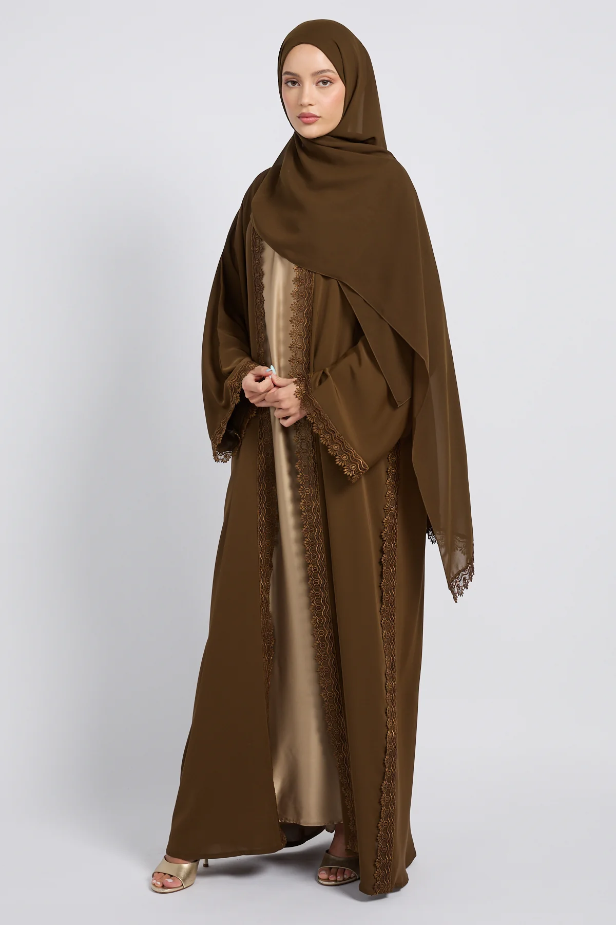 Premium Rosette Lace Open Abaya – Bronzed Coffee - Limited Edition - Image 8
