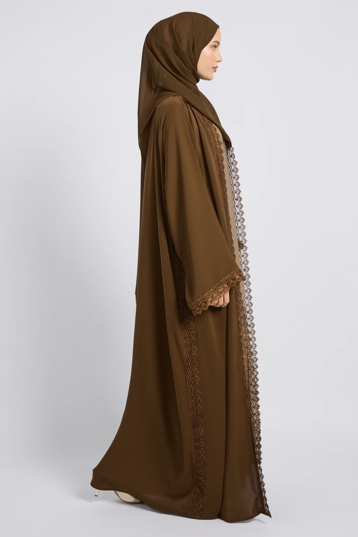 Premium Rosette Lace Open Abaya – Bronzed Coffee - Limited Edition - Image 9