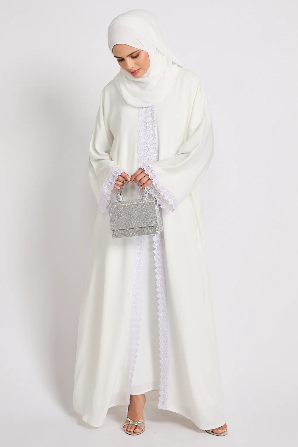 Premium Rosette Lace Open Abaya – Ivory White - Limited Edition