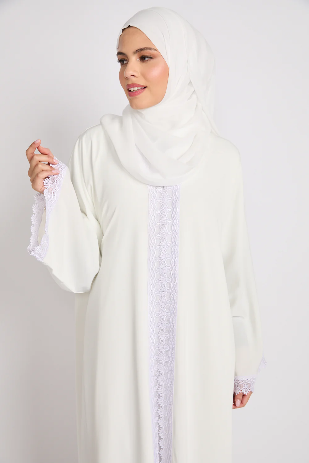 Premium Rosette Lace Open Abaya – Ivory White - Limited Edition - Image 2