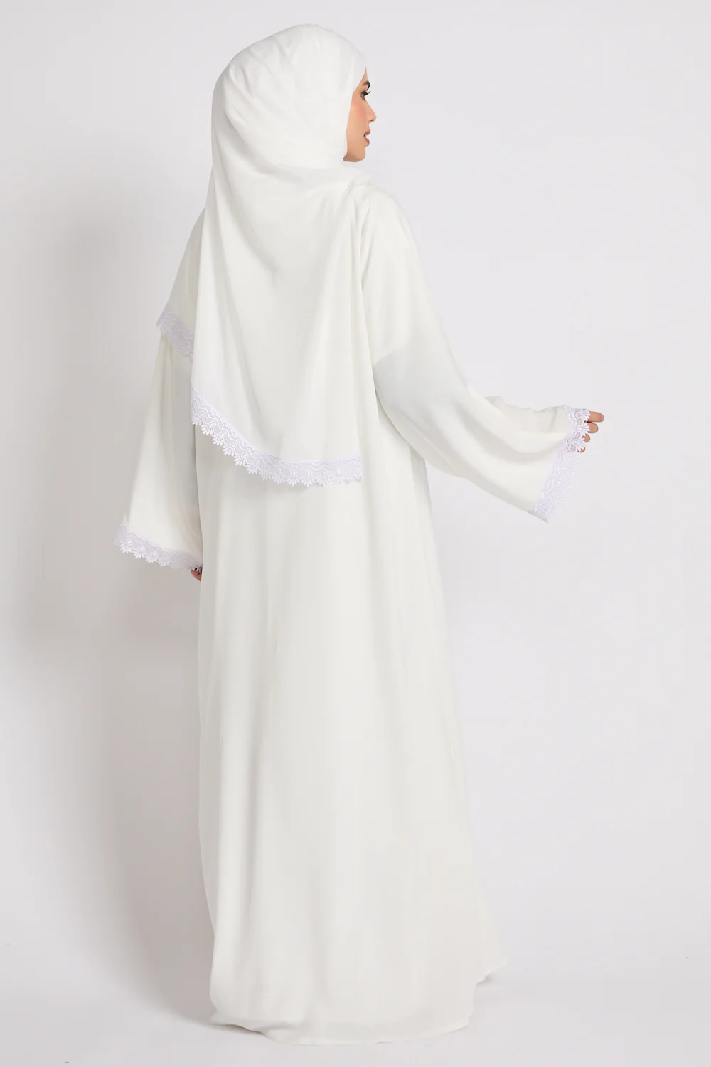 Premium Rosette Lace Open Abaya – Ivory White - Limited Edition - Image 3