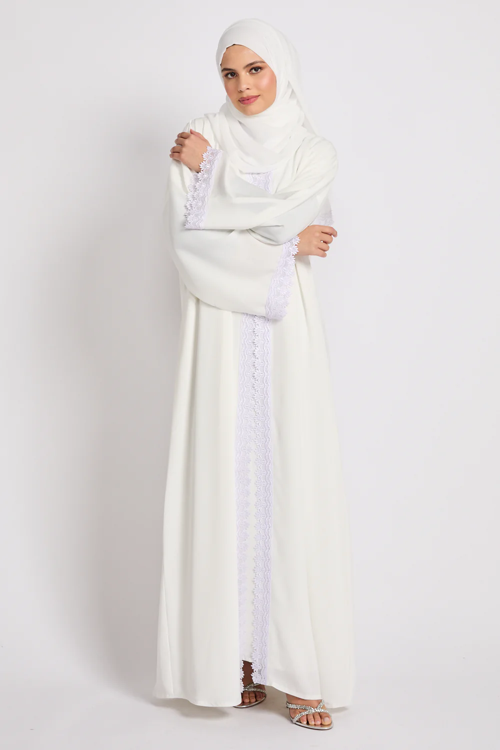 Premium Rosette Lace Open Abaya – Ivory White - Limited Edition - Image 4