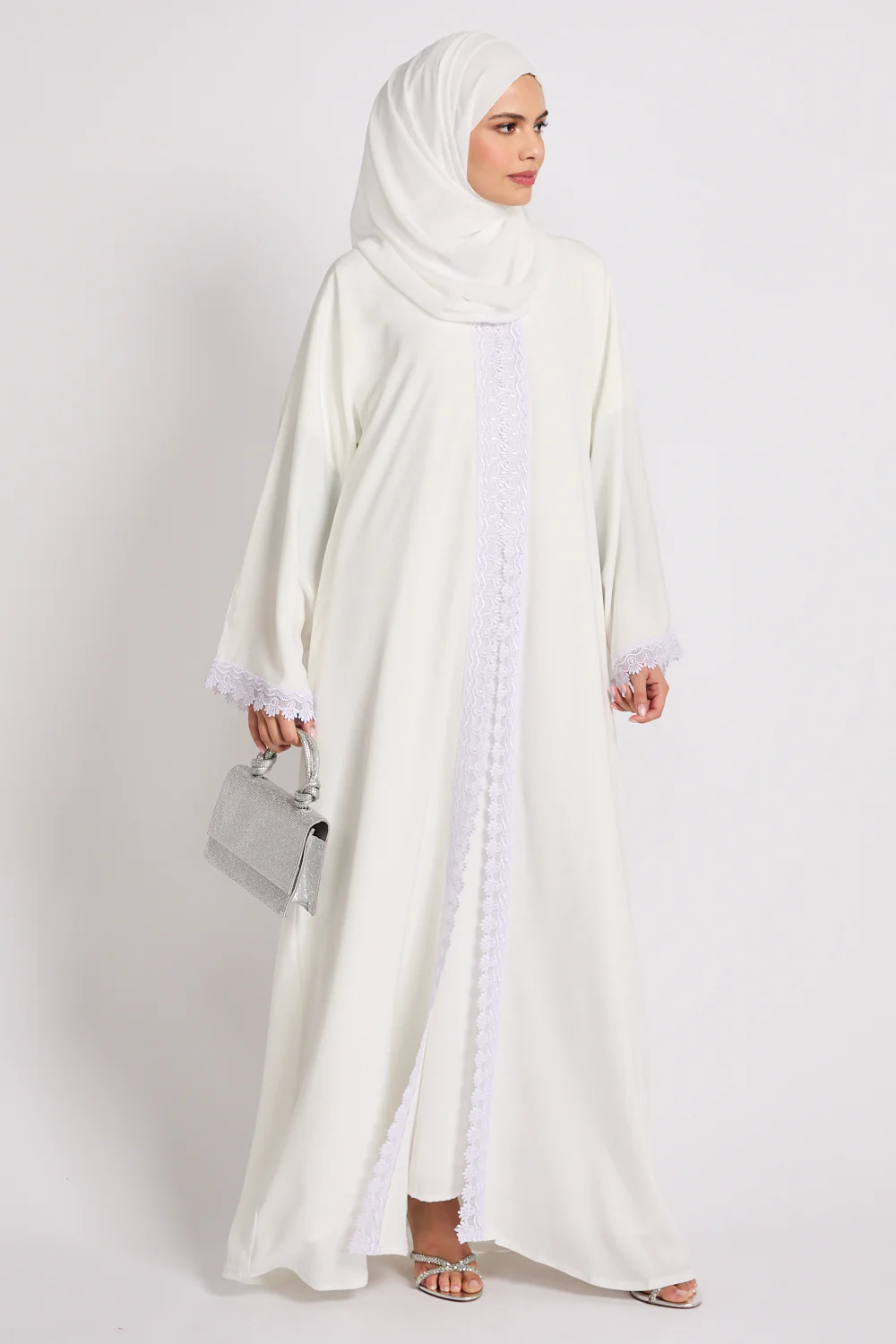 Premium Rosette Lace Open Abaya – Ivory White - Limited Edition - Image 6