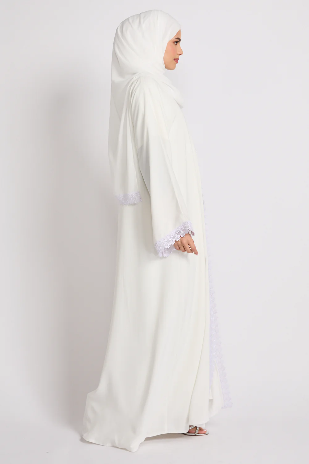 Premium Rosette Lace Open Abaya – Ivory White - Limited Edition - Image 7