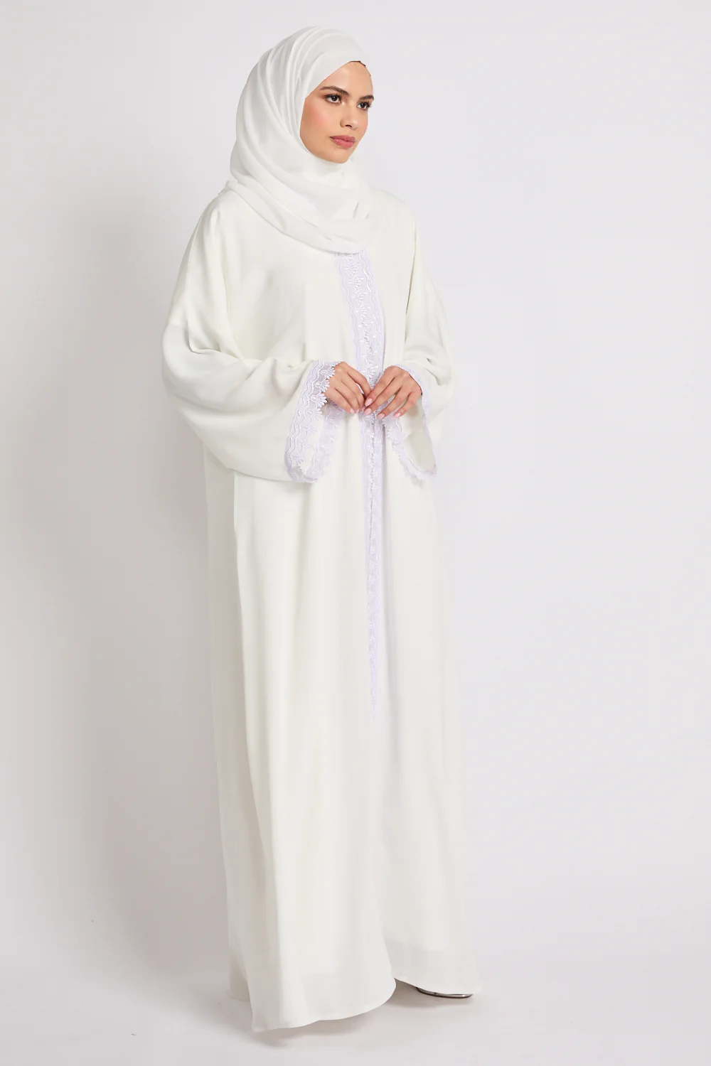 Premium Rosette Lace Open Abaya – Ivory White - Limited Edition - Image 8