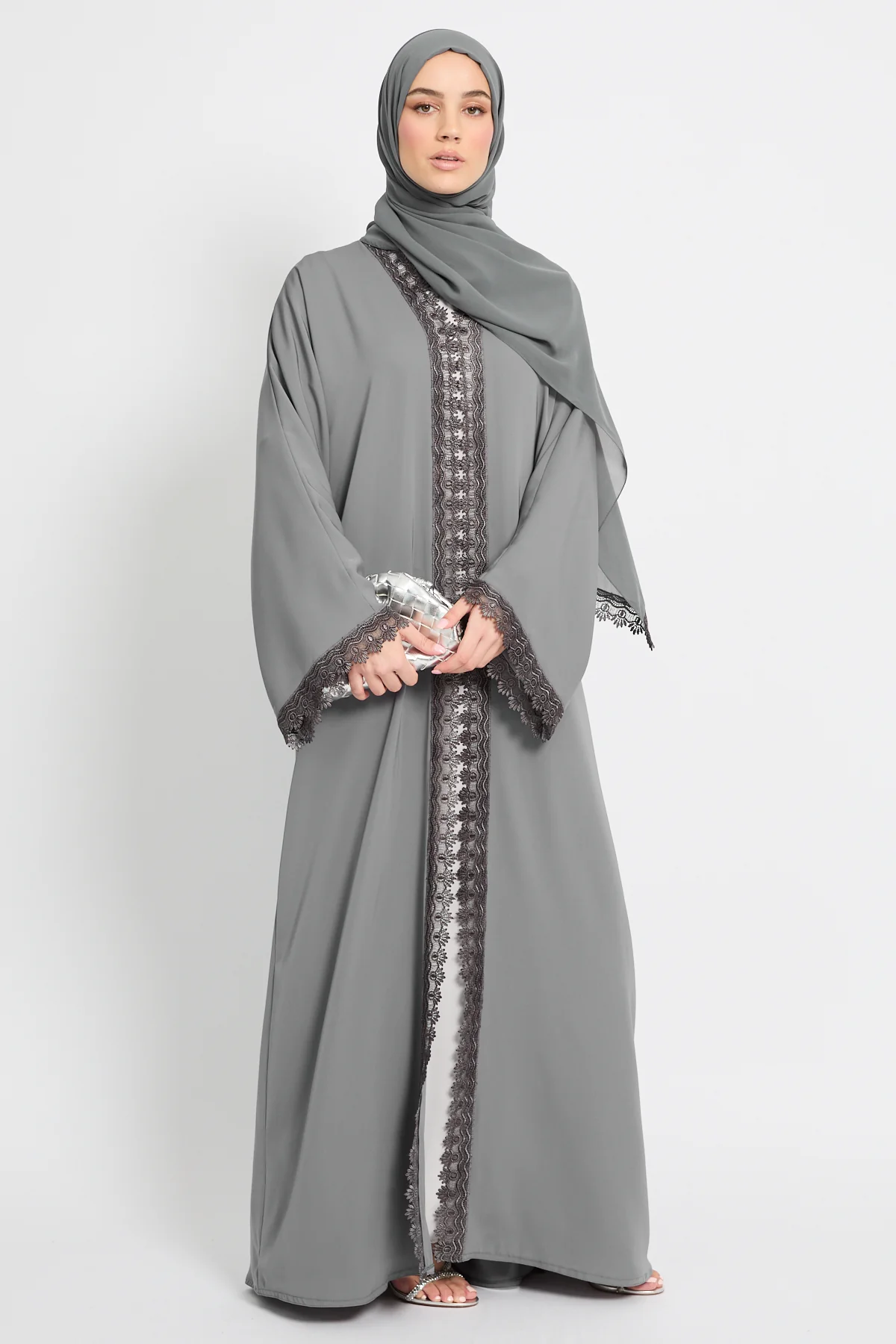 Premium Rosette Lace Open Abaya – Moonstone Grey - Limited Edition