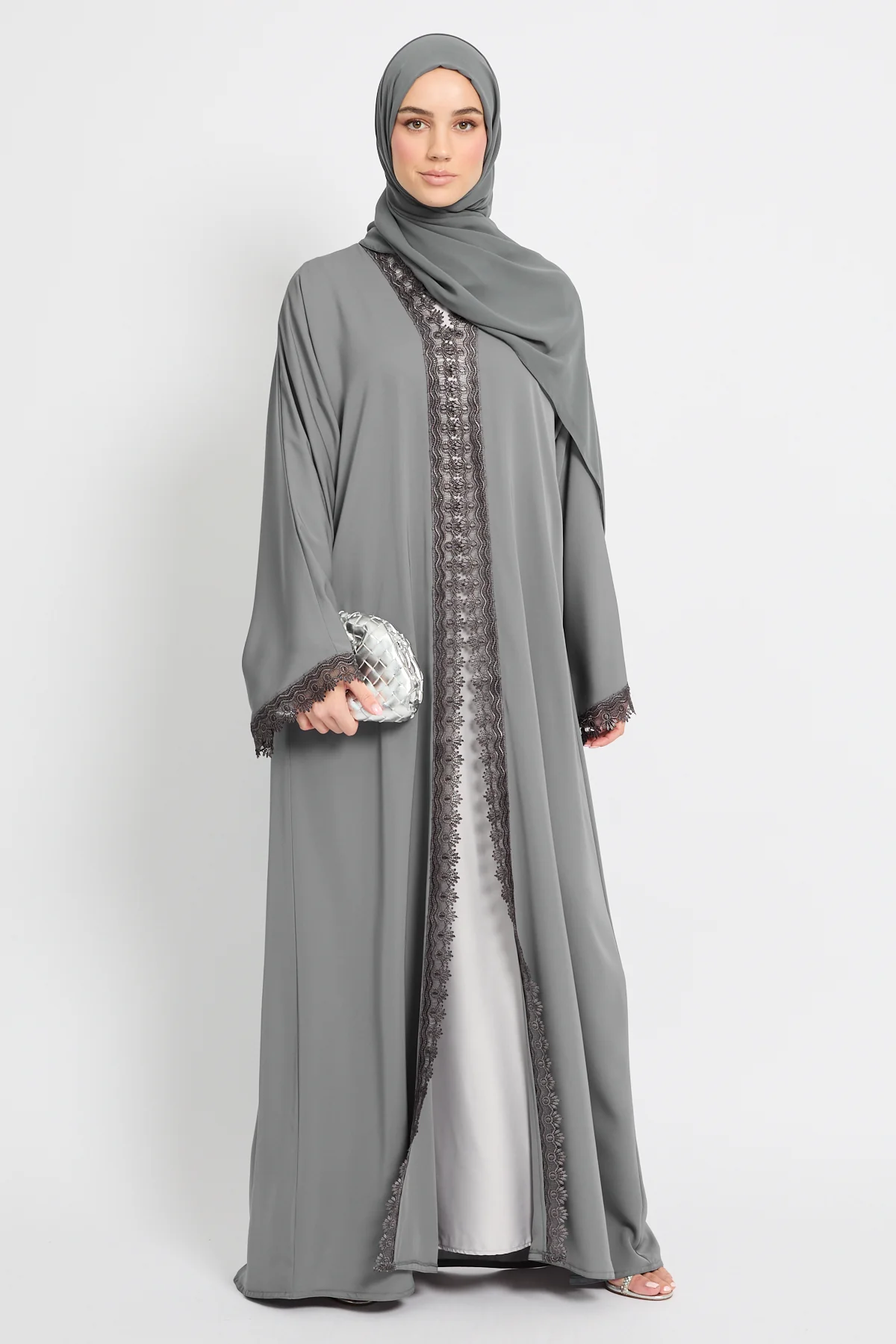Premium Rosette Lace Open Abaya – Moonstone Grey - Limited Edition - Image 3