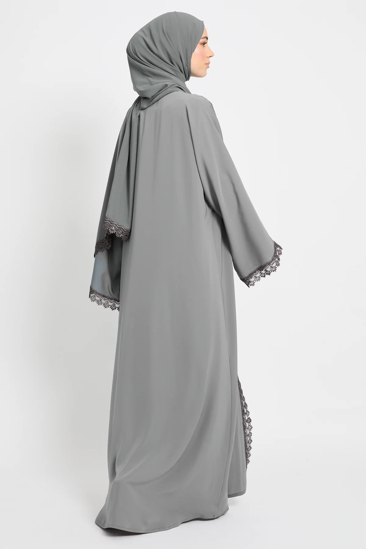Premium Rosette Lace Open Abaya – Moonstone Grey - Limited Edition - Image 4