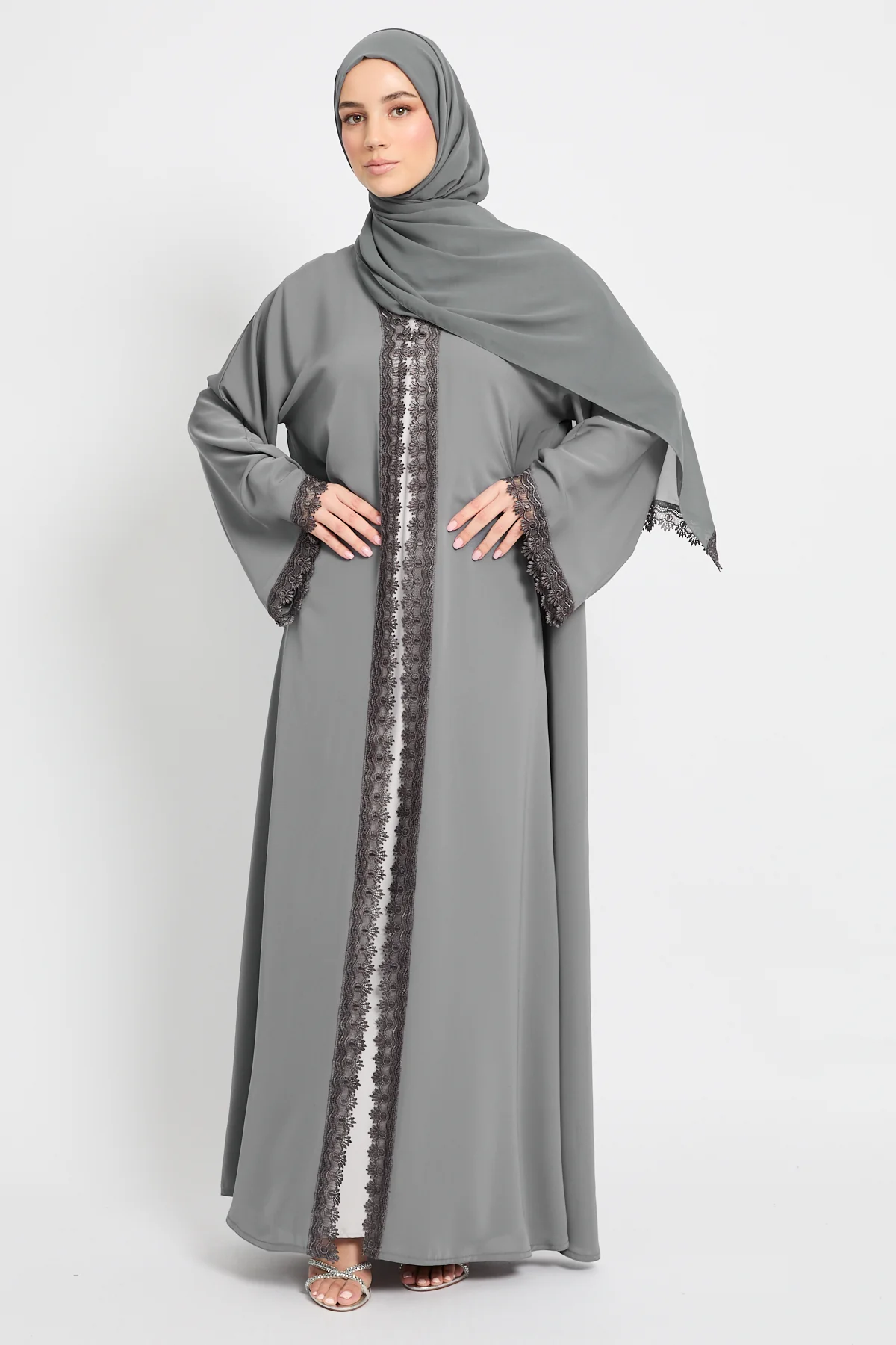 Premium Rosette Lace Open Abaya – Moonstone Grey - Limited Edition - Image 6