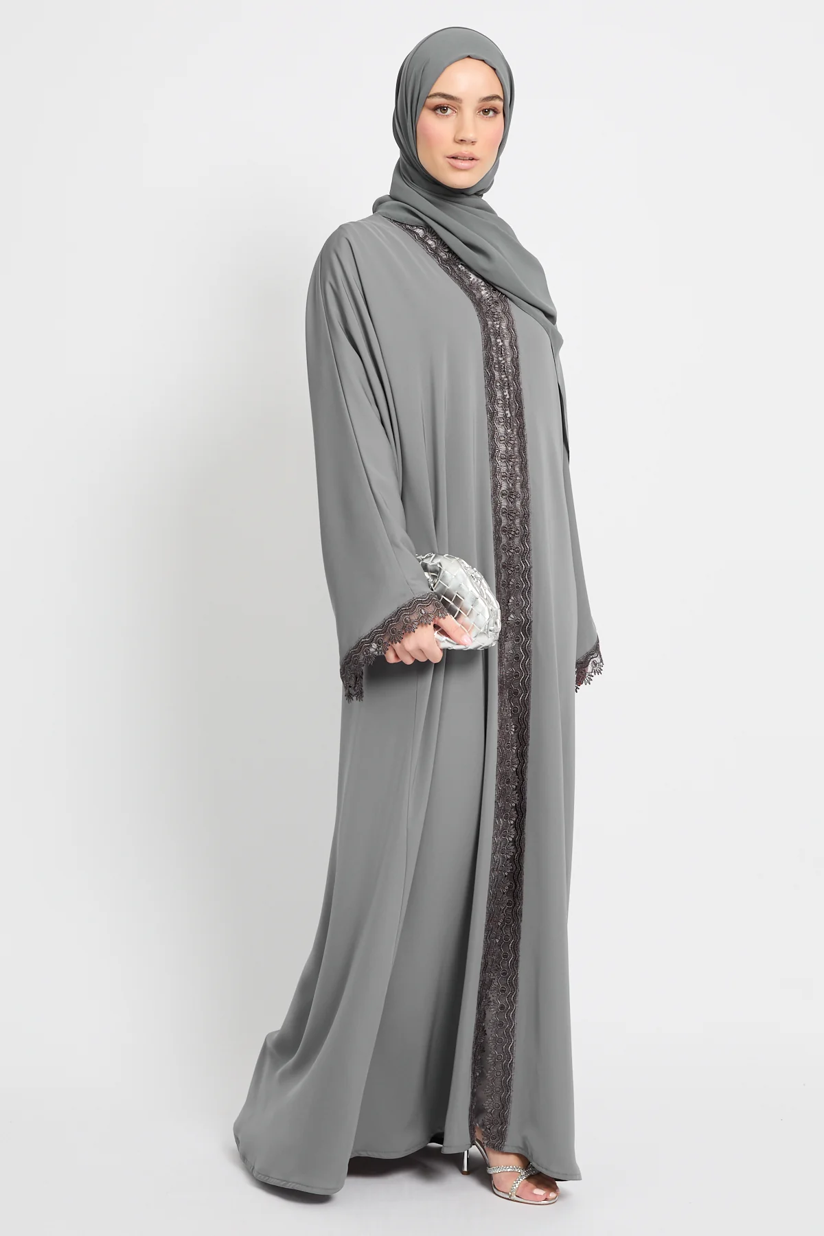Premium Rosette Lace Open Abaya – Moonstone Grey - Limited Edition - Image 7