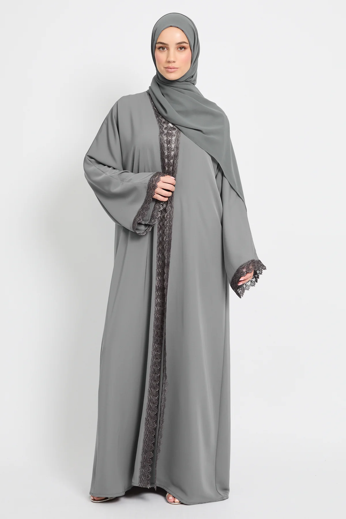 Premium Rosette Lace Open Abaya – Moonstone Grey - Limited Edition - Image 8