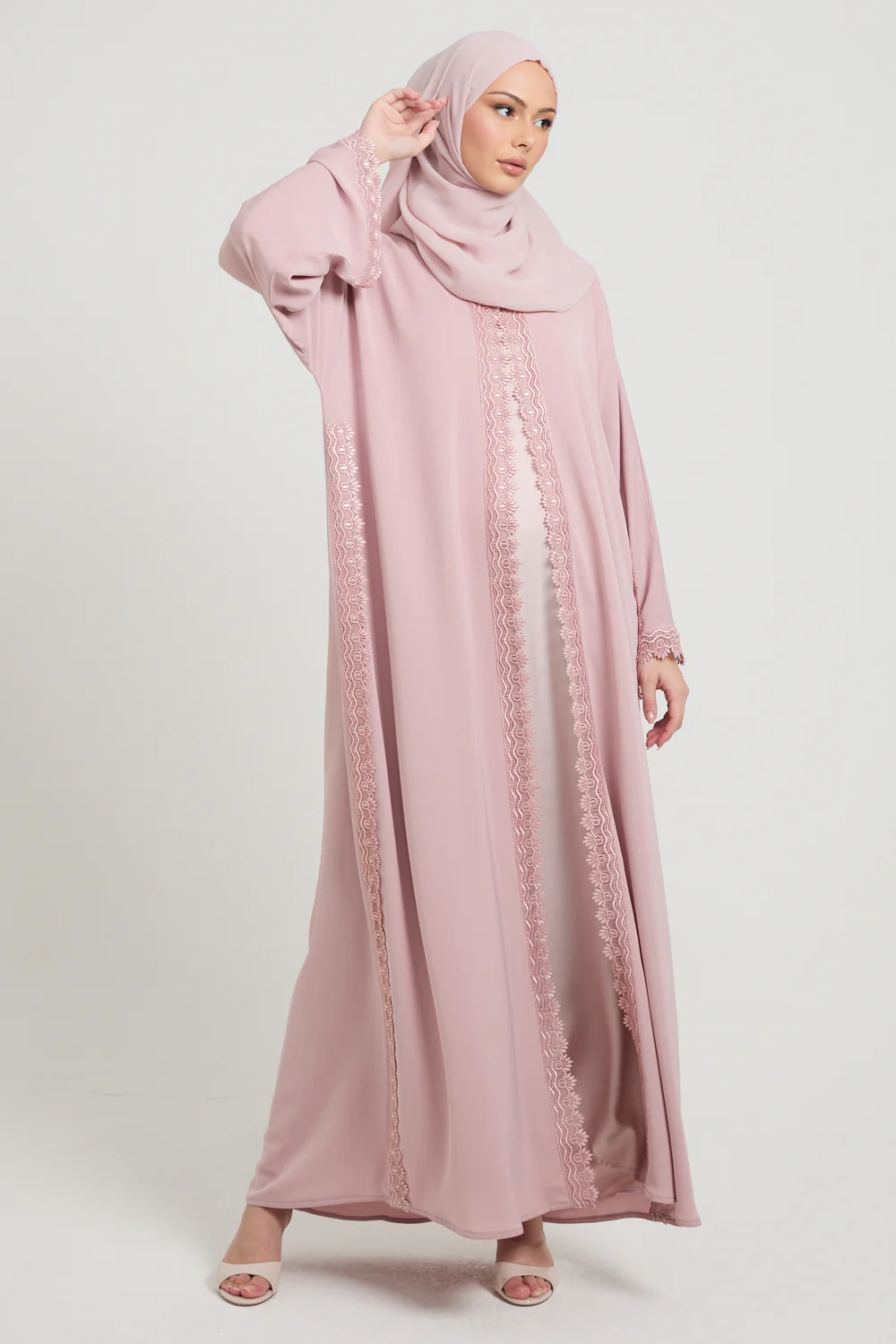 Premium Rosette Lace Open Abaya – Soft Blush - Limited Edition