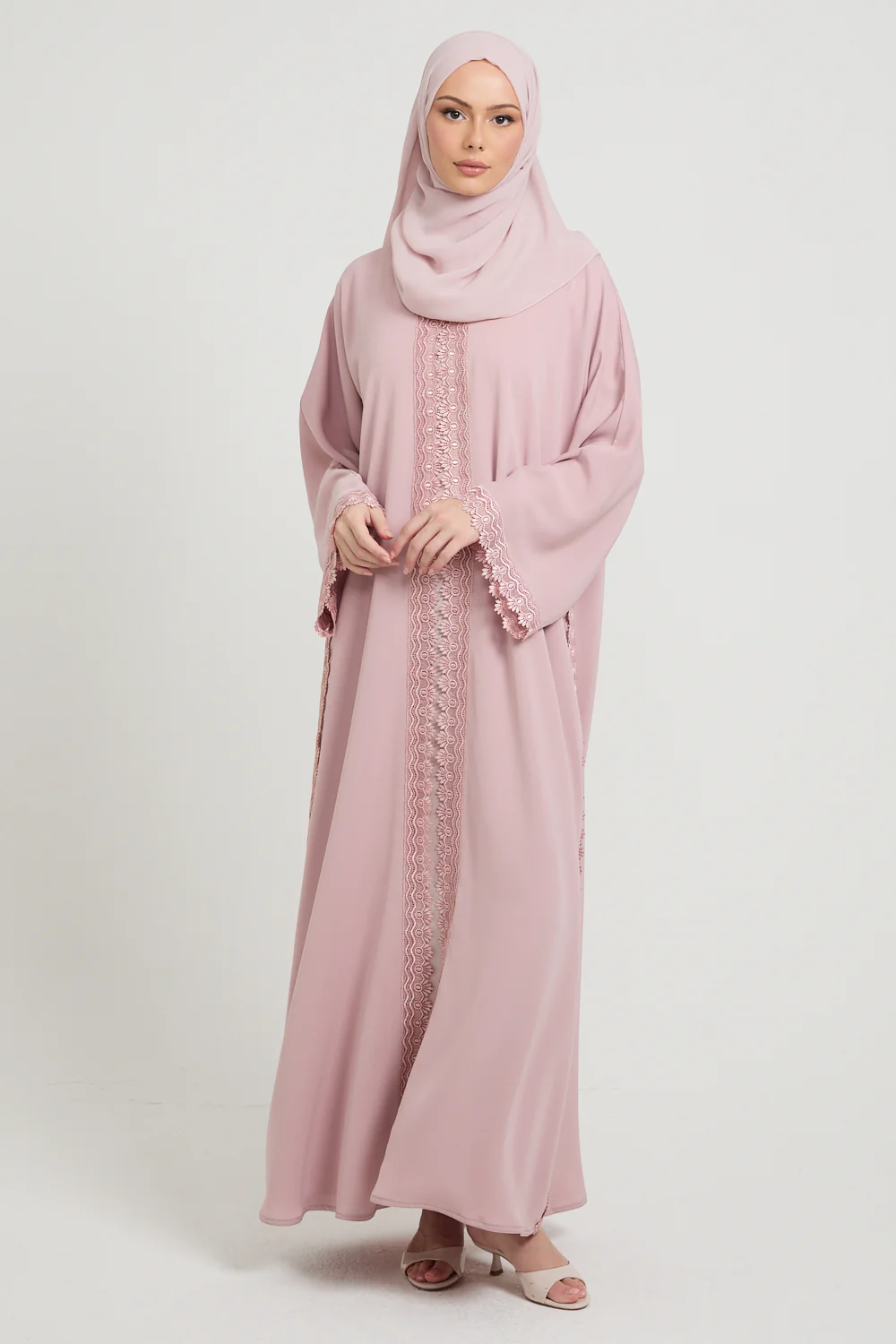 Premium Rosette Lace Open Abaya – Soft Blush - Limited Edition - Image 10