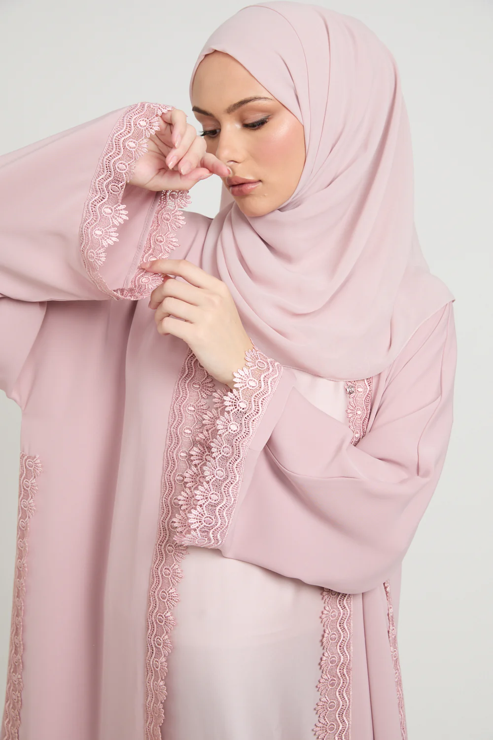 Premium Rosette Lace Open Abaya – Soft Blush - Limited Edition - Image 2