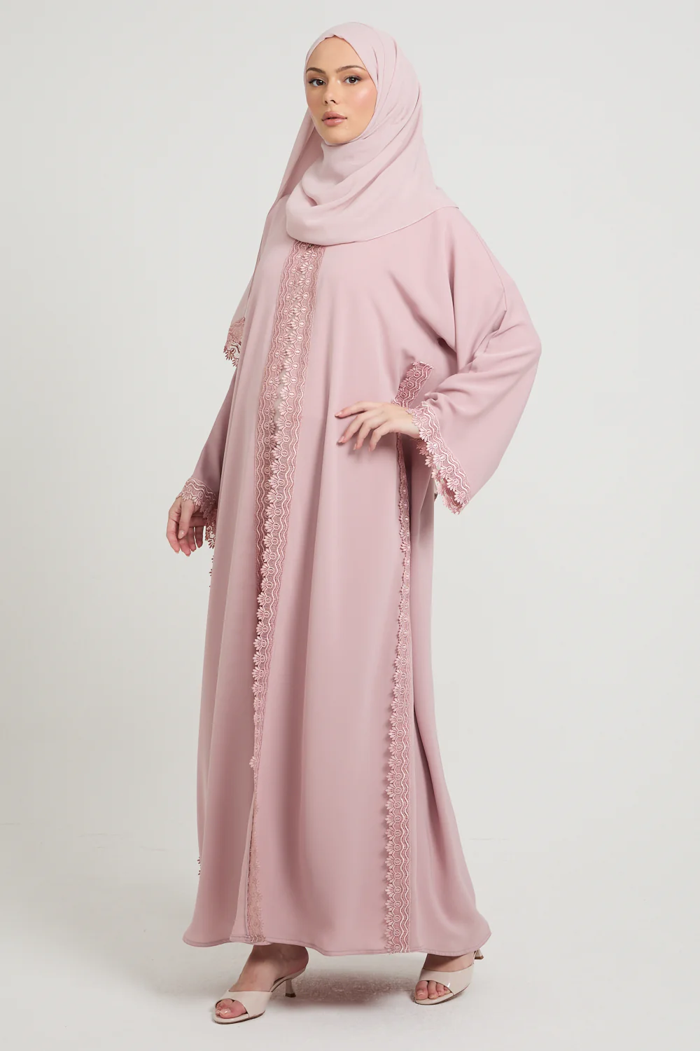 Premium Rosette Lace Open Abaya – Soft Blush - Limited Edition - Image 3