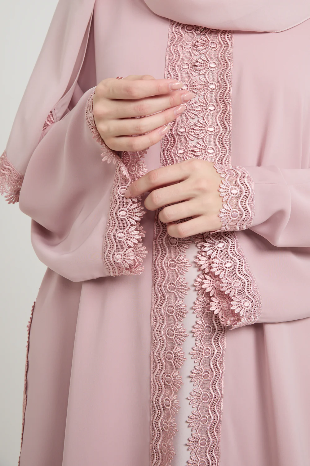 Premium Rosette Lace Open Abaya – Soft Blush - Limited Edition - Image 4
