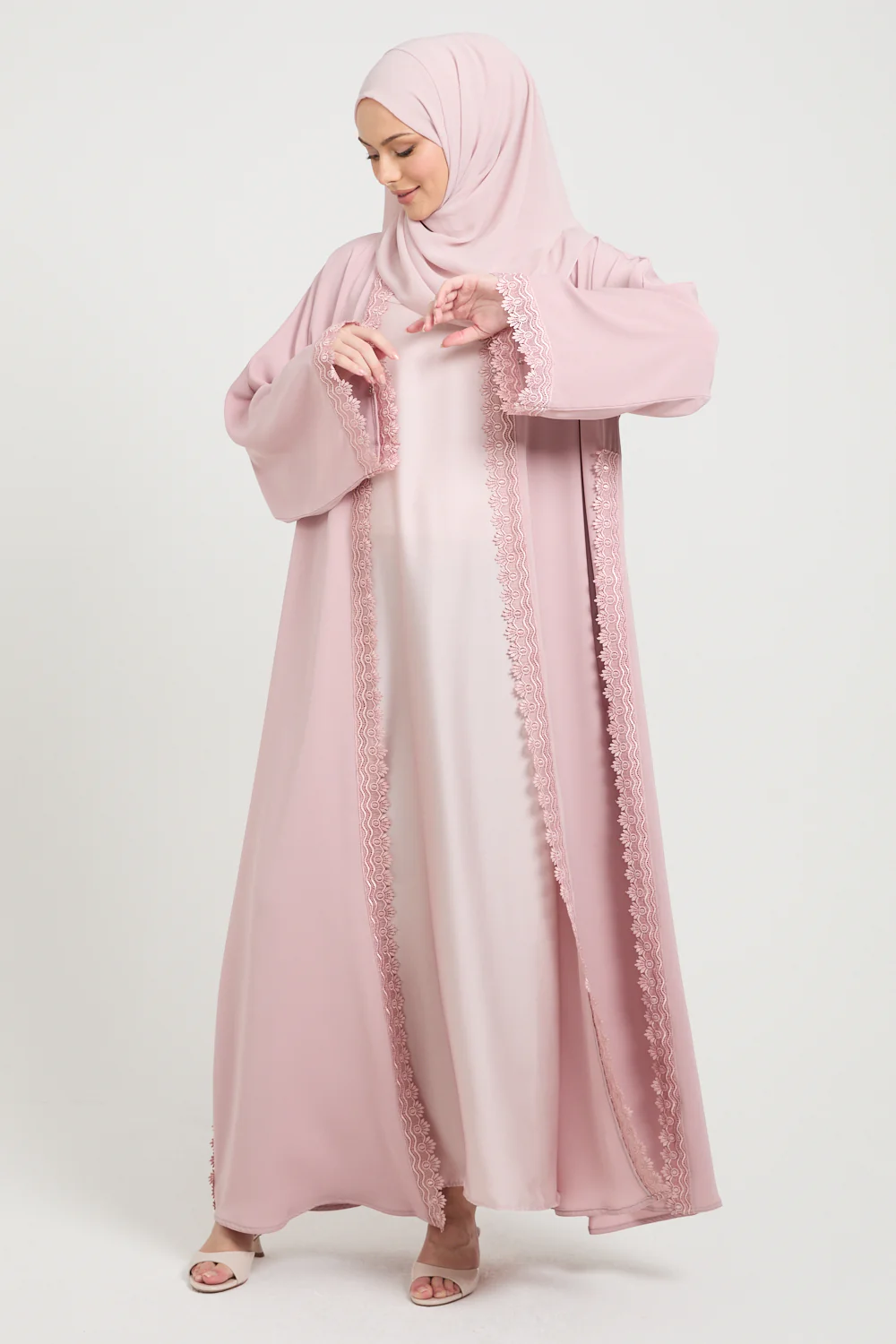 Premium Rosette Lace Open Abaya – Soft Blush - Limited Edition - Image 5
