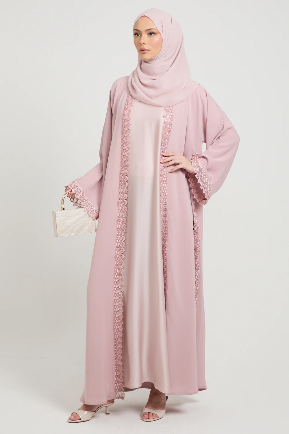 Premium Rosette Lace Open Abaya – Soft Blush - Limited Edition - Image 6