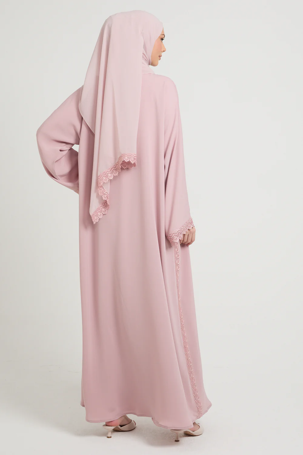 Premium Rosette Lace Open Abaya – Soft Blush - Limited Edition - Image 7