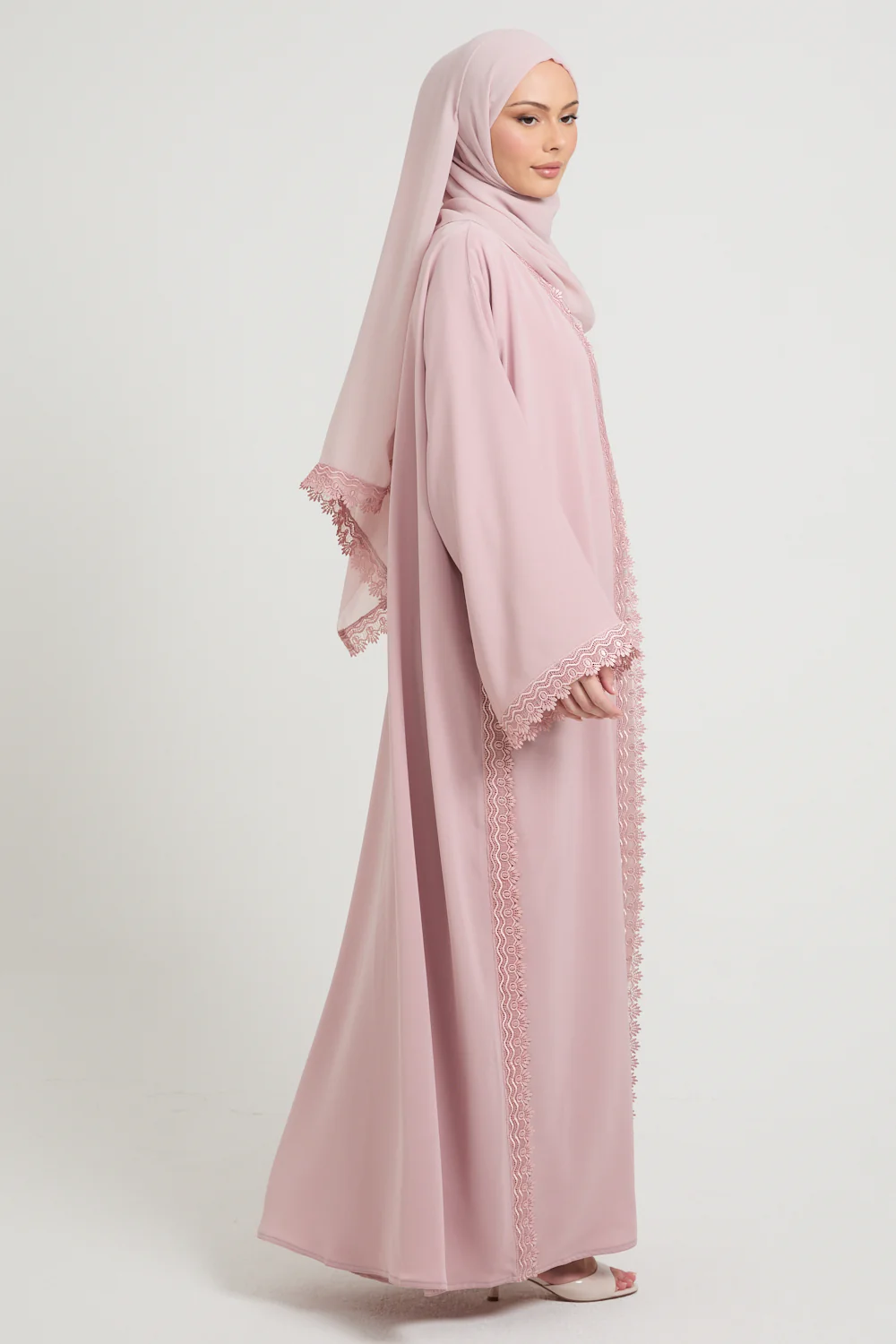 Premium Rosette Lace Open Abaya – Soft Blush - Limited Edition - Image 8