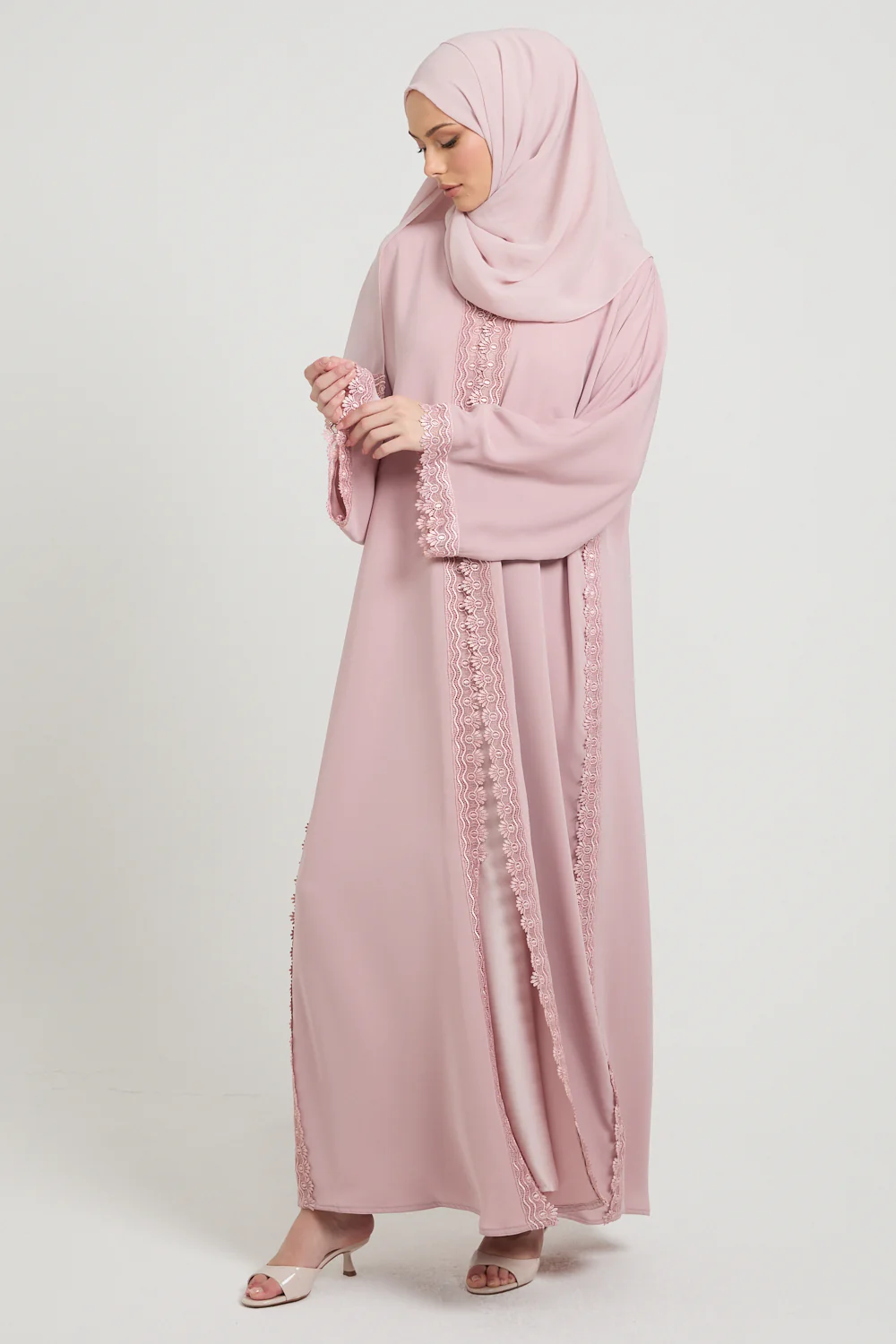 Premium Rosette Lace Open Abaya – Soft Blush - Limited Edition - Image 9