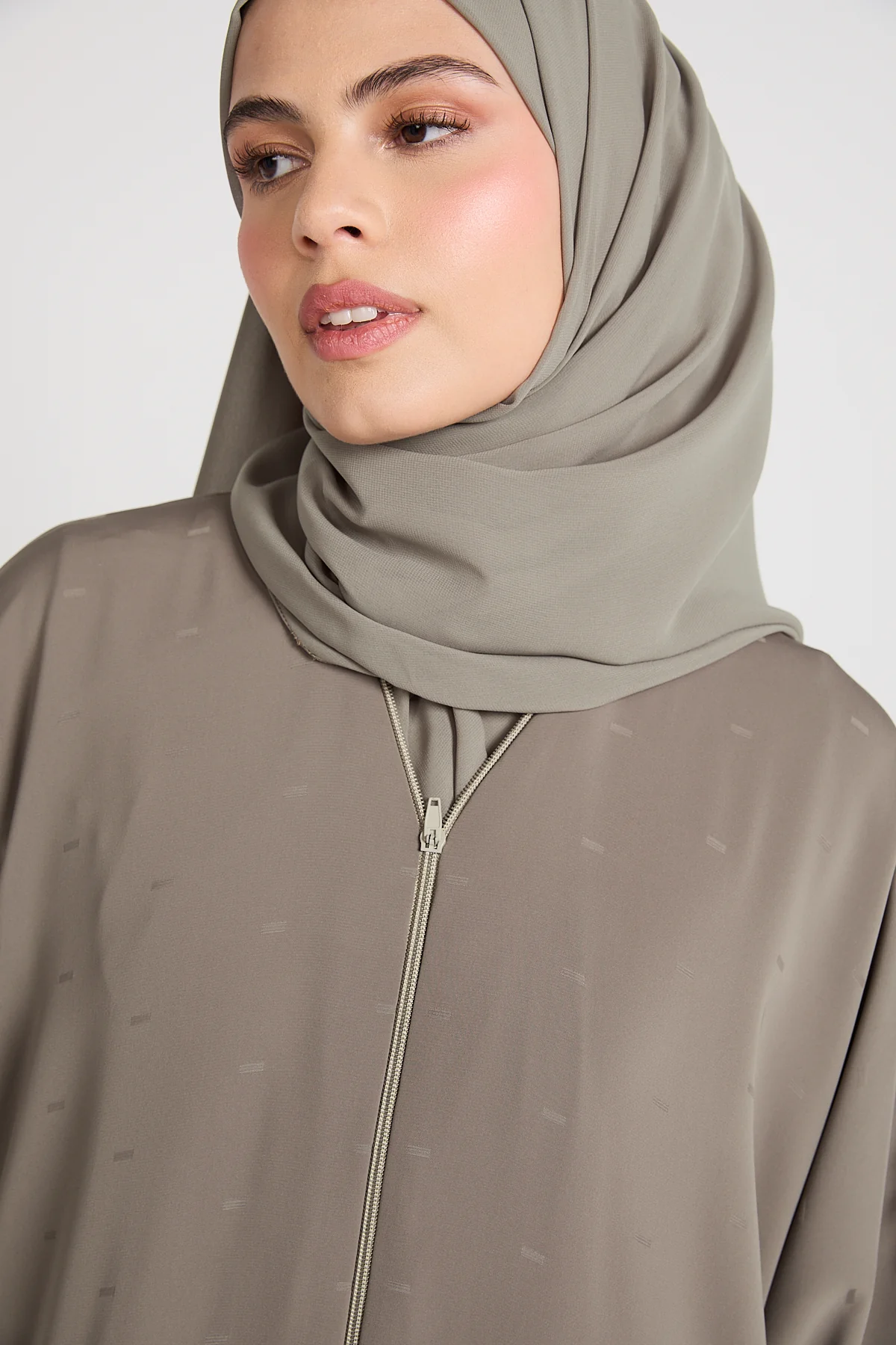 Premium Semi-Closed Abaya with Zip and Pockets – Olive Taupe - Image 5