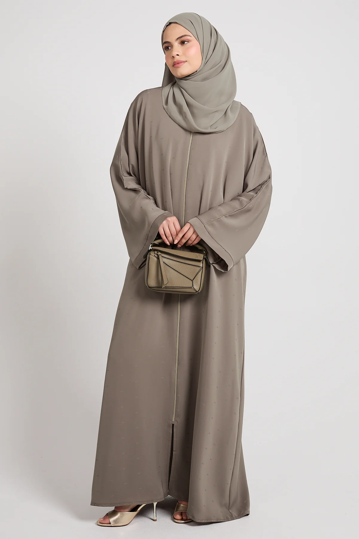 Premium Semi-Closed Abaya with Zip and Pockets – Olive Taupe - Image 6